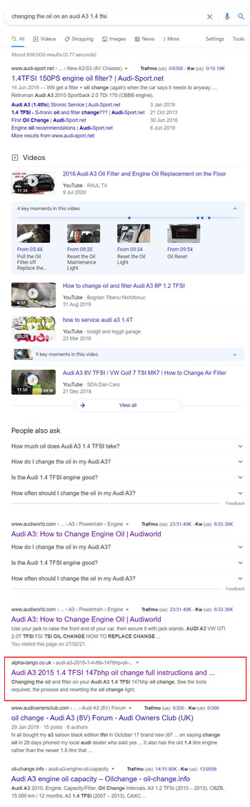 Google search results for Audi A3 oil change